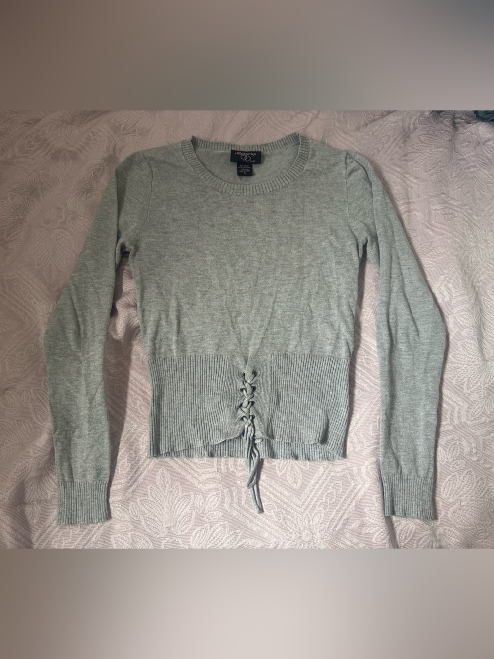 Hooked Up by IOT Light Gray Lace-Up Hem Crewneck Sweater